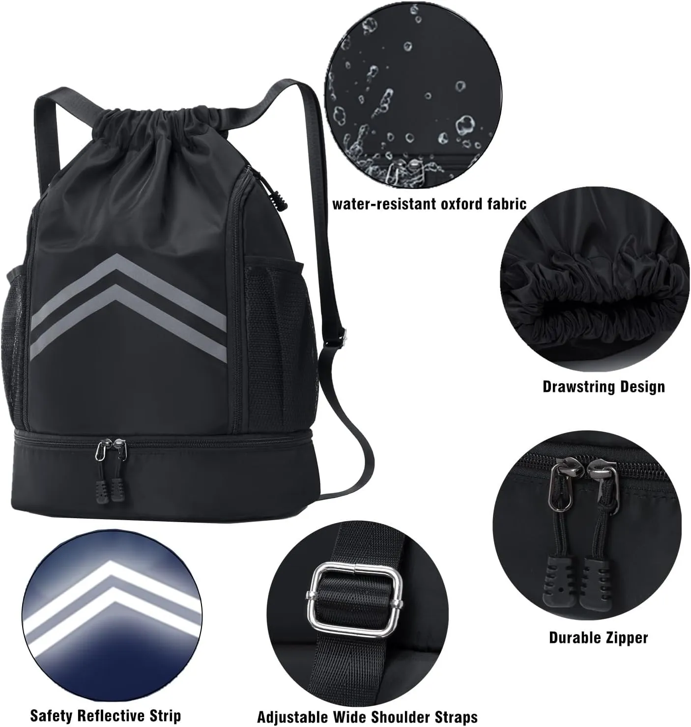 Sports Drawstring Backpack - Water Resistant Gym Bag with Shoes Compartment and Water Bottle Holder Pockets -Drawstring Bag String Cinch Bag for Gym, Travel, Swimming, Beach, Men Women (Pink)
