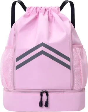 Sports Drawstring Backpack - Water Resistant Gym Bag with Shoes Compartment and Water Bottle Holder Pockets -Drawstring Bag String Cinch Bag for Gym, Travel, Swimming, Beach, Men Women (Pink)
