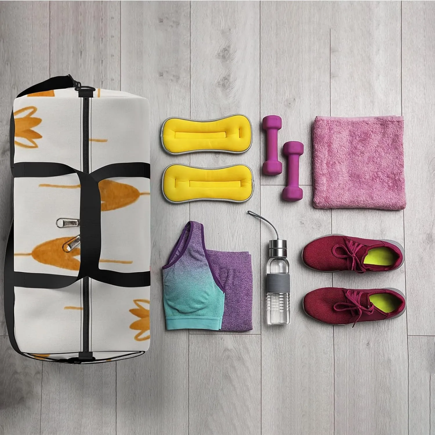 Sports Gym Bag for Women and Men Waterproof Abstract Golden Flowers Duffel Bag Lightweight Carryon Traveling Boarding Gripsack