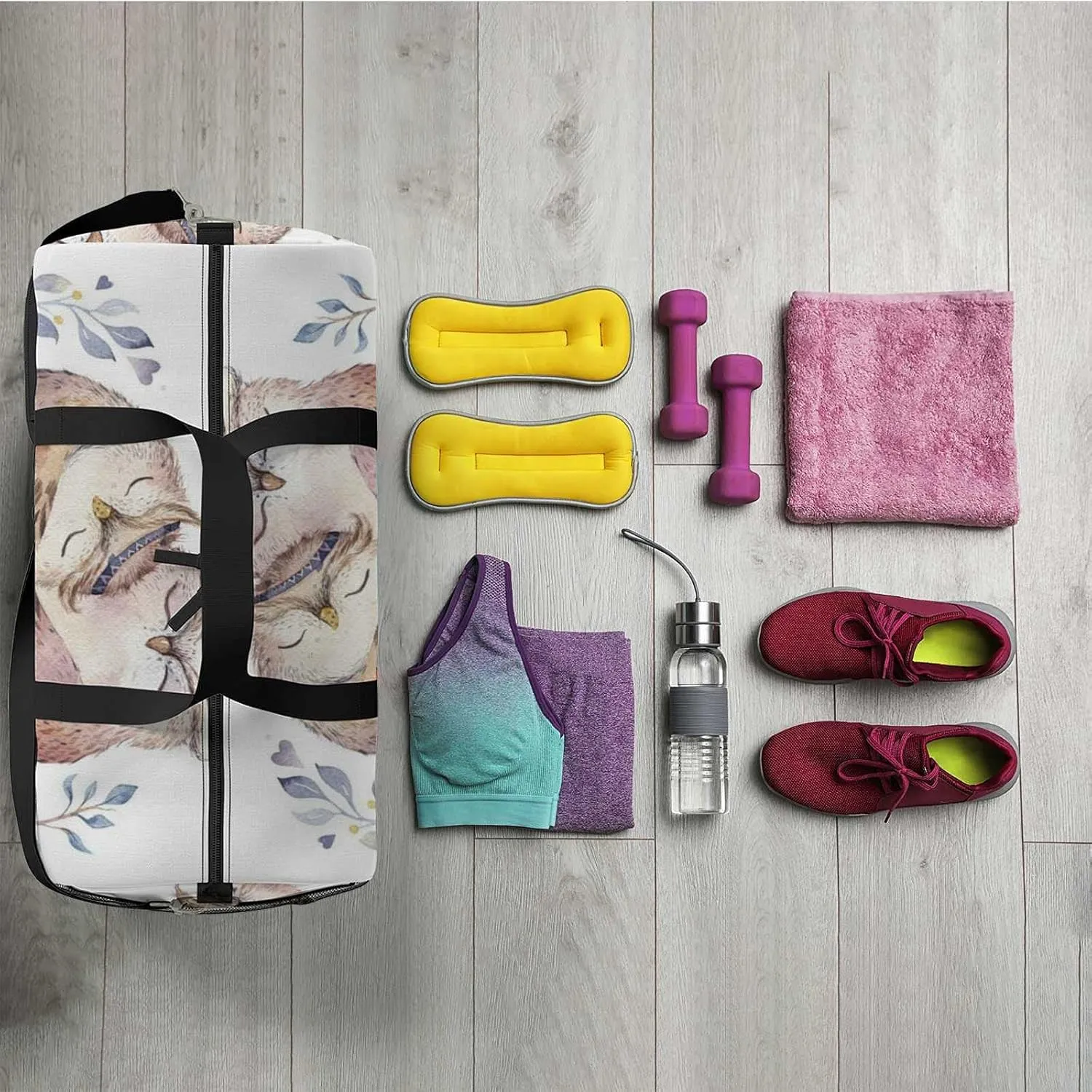 Sports Gym Bag for Women and Men Waterproof Lovely Watercolor Illustration Sweet Duffel Bag Lightweight Carryon Traveling Boarding Gripsack
