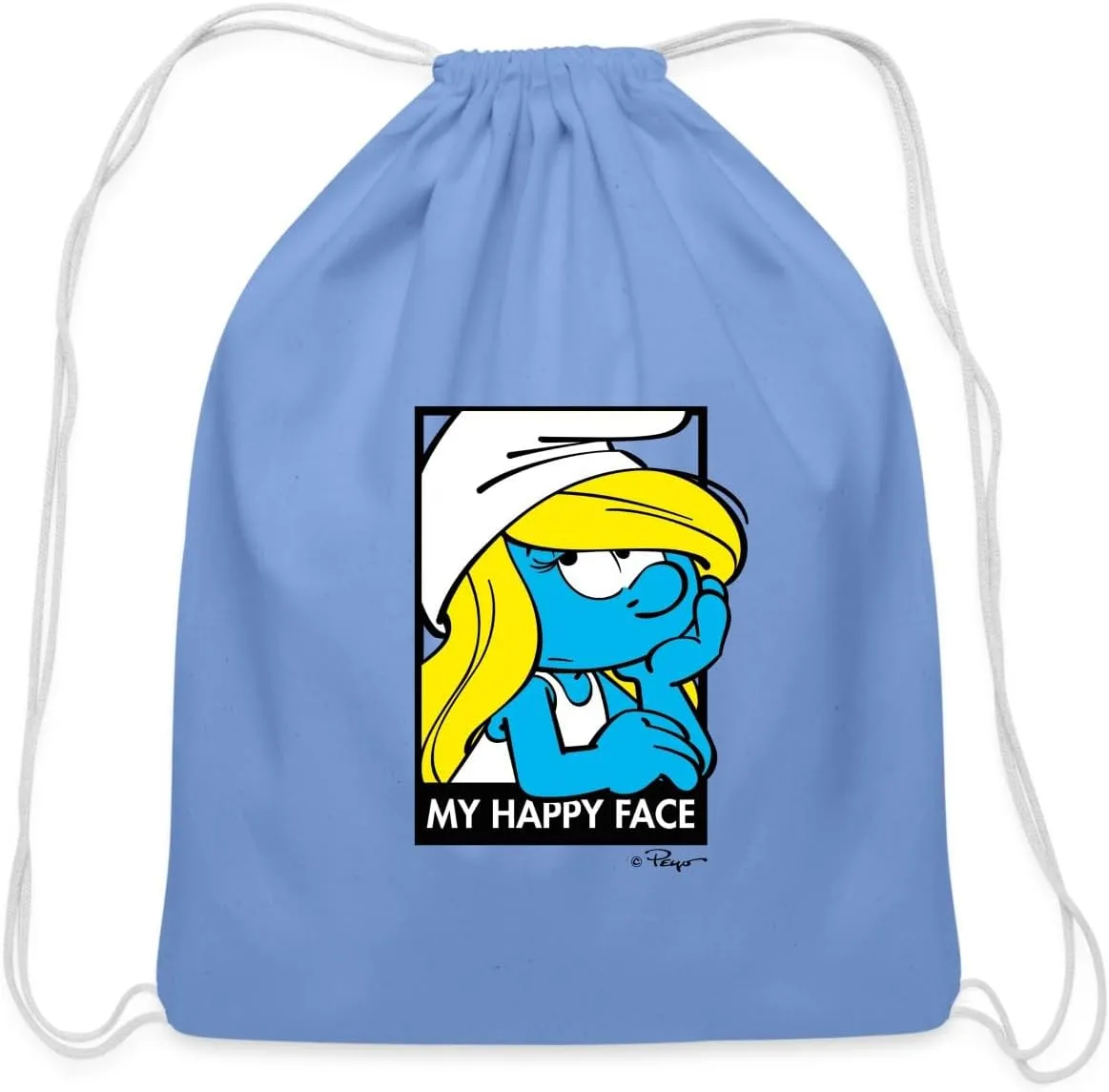 Spreadshirt Sarcastic Smurfette 'My Happy Face' - The Smurfs Expressive Design Cotton Drawstring Bag, One Size, carolina blue