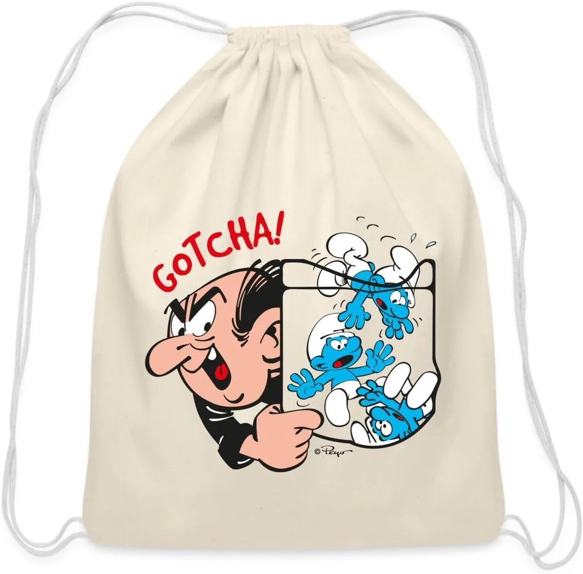 Spreadshirt The Smurfs Gargamel Catch Game - Animated Fun Design Cotton Drawstring Bag, One Size, natural