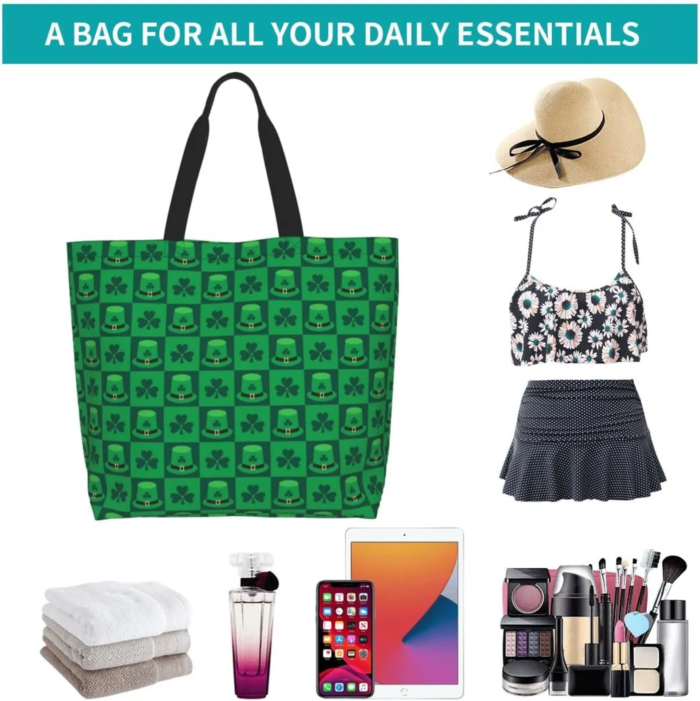 St. Patrick's Day Shamrock Clover Tote Grocery Bag Shoulder Casual Reusable Bag Large for Women Men