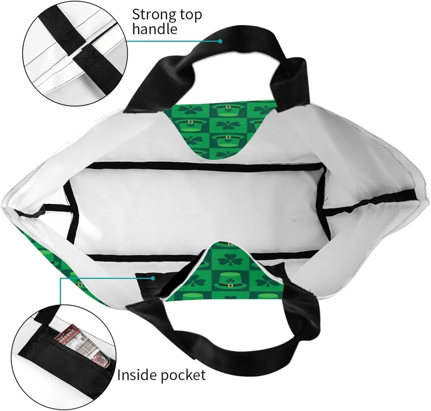 St. Patrick's Day Shamrock Clover Tote Grocery Bag Shoulder Casual Reusable Bag Large for Women Men