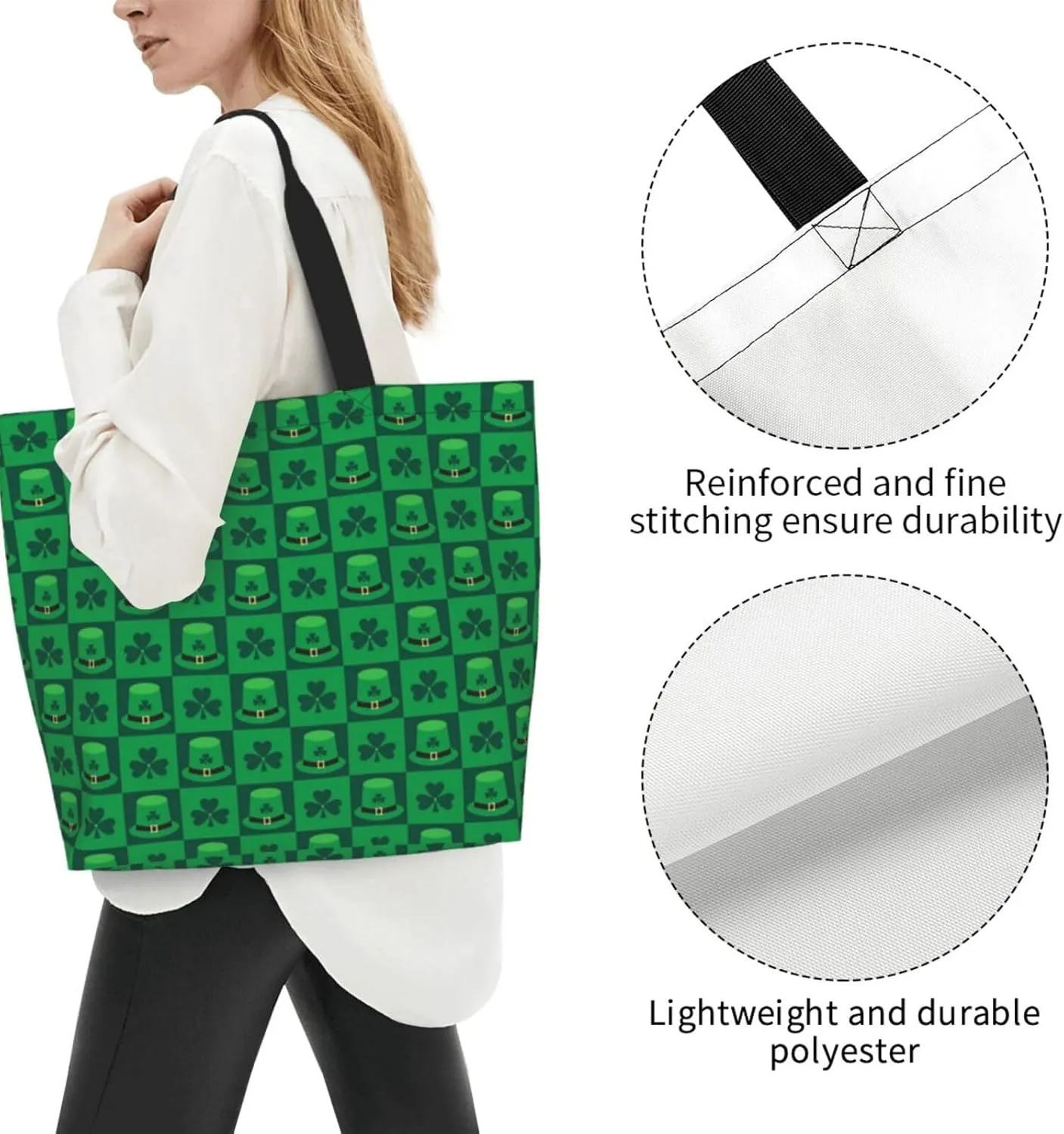 St. Patrick's Day Shamrock Clover Tote Grocery Bag Shoulder Casual Reusable Bag Large for Women Men