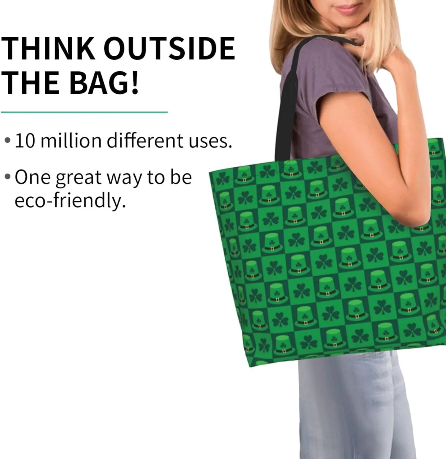 St. Patrick's Day Shamrock Clover Tote Grocery Bag Shoulder Casual Reusable Bag Large for Women Men