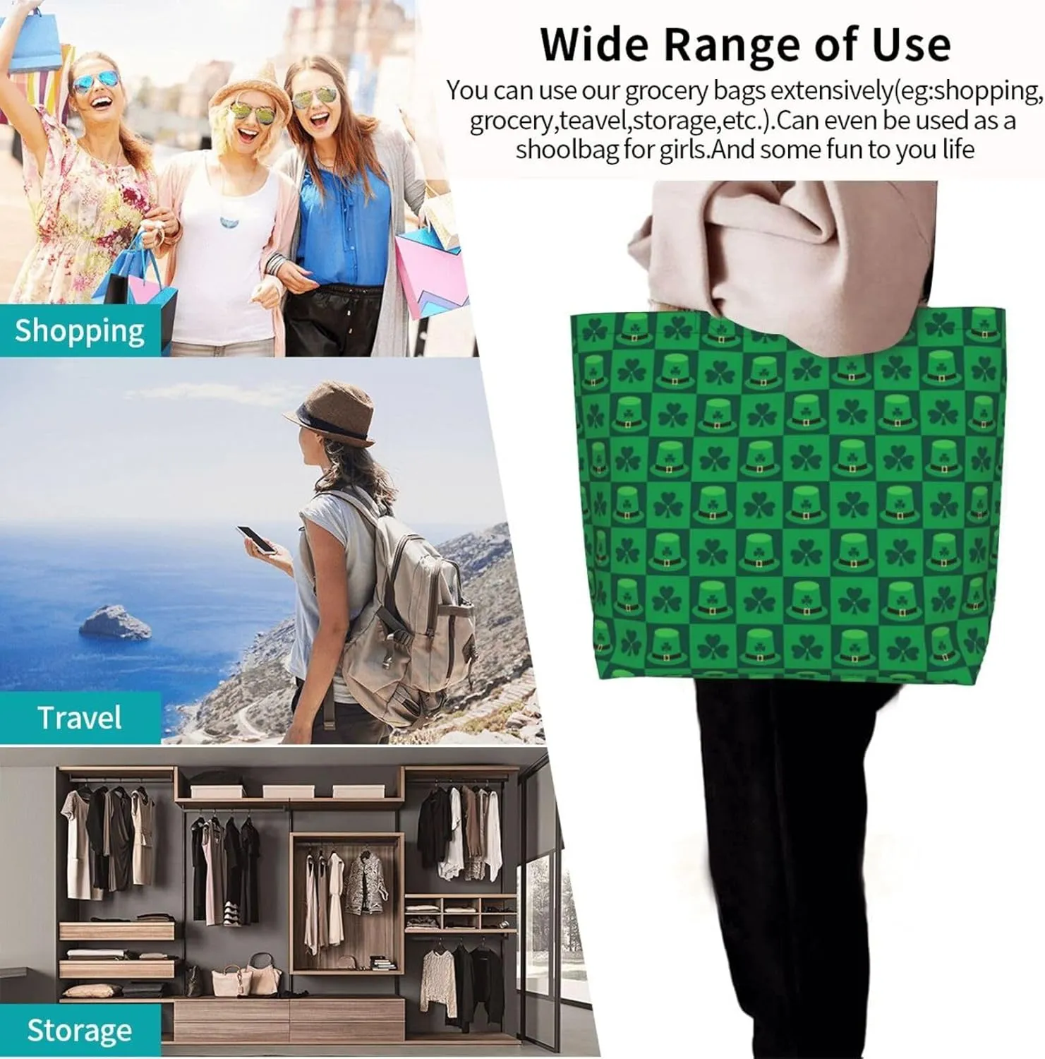 St. Patrick's Day Shamrock Clover Tote Grocery Bag Shoulder Casual Reusable Bag Large for Women Men