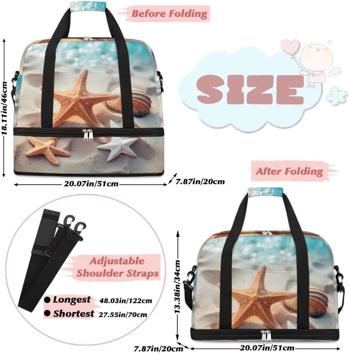 Starfish Ocean Foldable Duffle Bag with Shoes Compartment Large Capacity Waterproof Travel Weekender Bag Overnight Bag for Sports Gym