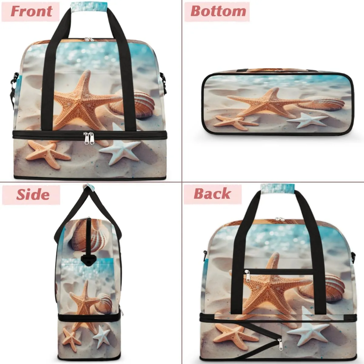 Starfish Ocean Foldable Duffle Bag with Shoes Compartment Large Capacity Waterproof Travel Weekender Bag Overnight Bag for Sports Gym