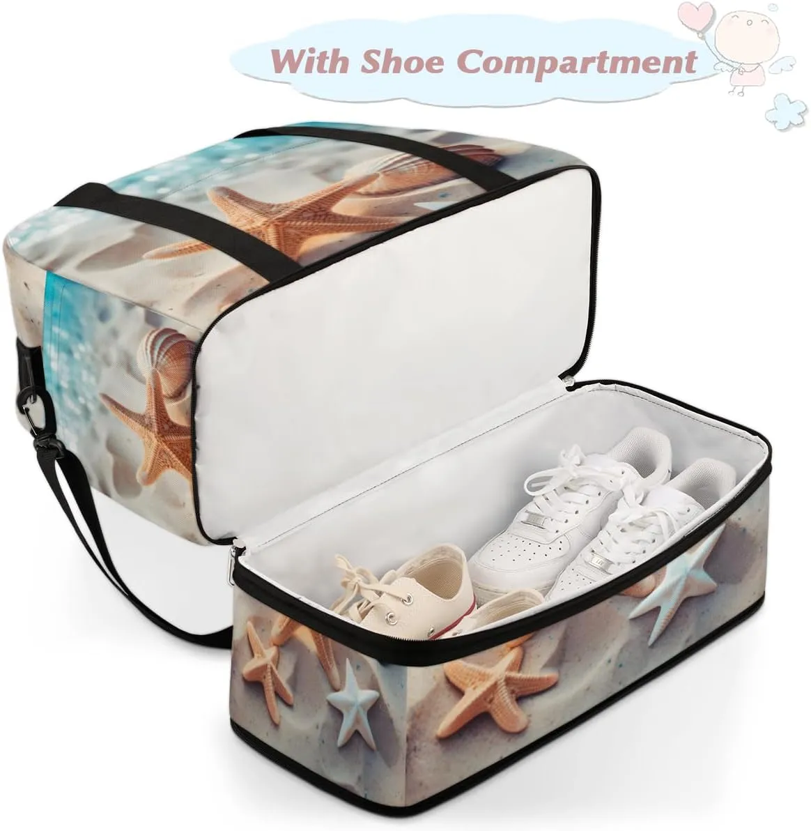 Starfish Ocean Foldable Duffle Bag with Shoes Compartment Large Capacity Waterproof Travel Weekender Bag Overnight Bag for Sports Gym