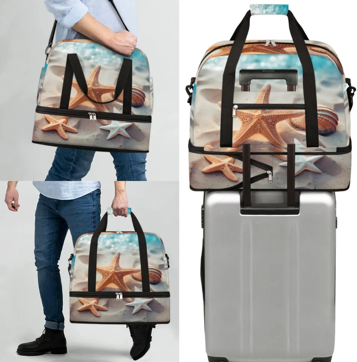 Starfish Ocean Foldable Duffle Bag with Shoes Compartment Large Capacity Waterproof Travel Weekender Bag Overnight Bag for Sports Gym