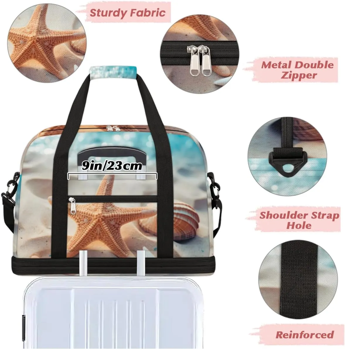 Starfish Ocean Foldable Duffle Bag with Shoes Compartment Large Capacity Waterproof Travel Weekender Bag Overnight Bag for Sports Gym