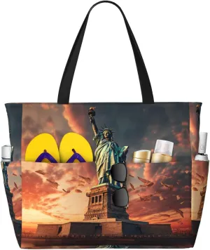 Statue Of Liberty In Nyc Print Stylish Beach Tote Bag,Large Capacity Handbag,Perfect For Women'S Vacation And Daily Use