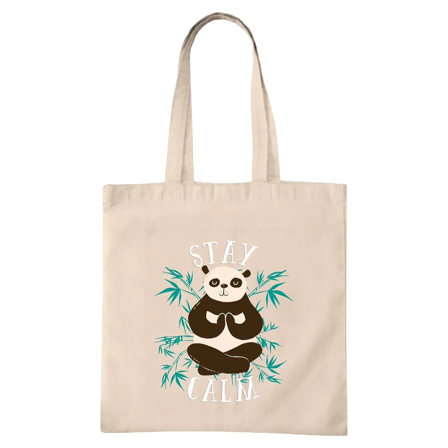 Stay Calm Gift Panda in Yoga Pose with Bamboo Leaves Meditation for Yoga Lovers Natural White Multicolor Canvas Tote Bag