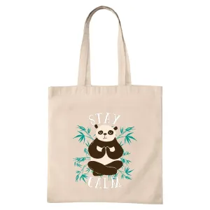 Stay Calm Gift Panda in Yoga Pose with Bamboo Leaves Meditation for Yoga Lovers Natural White Multicolor Canvas Tote Bag