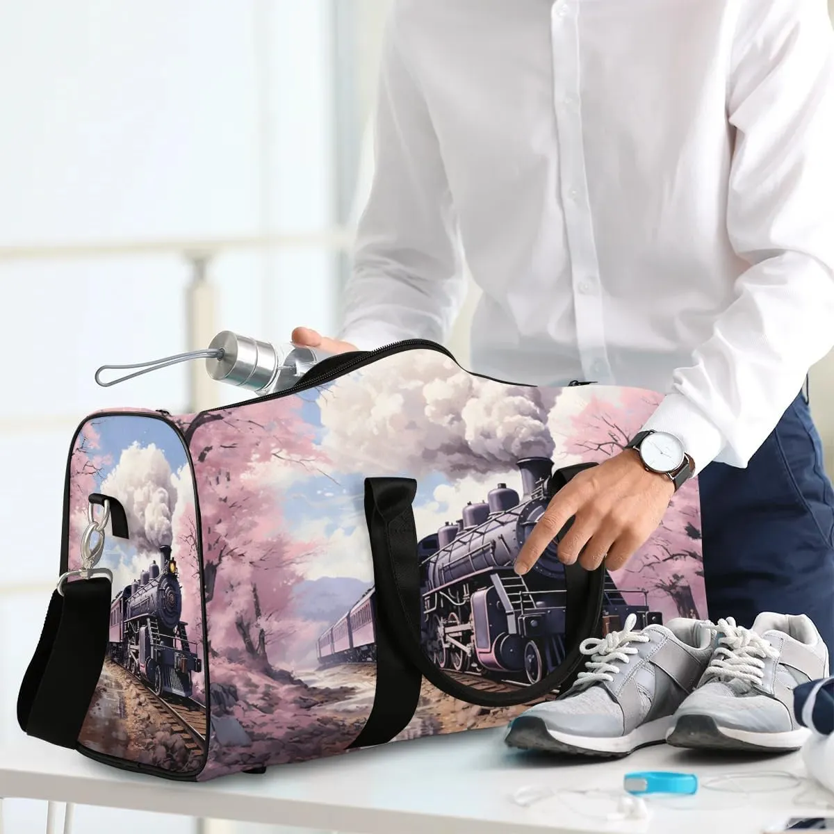 Style Train Travel Duffel Bag for Women Men Waterproof Foldable Overnight Weekender Bag Large Capacity Sports Gym Bag