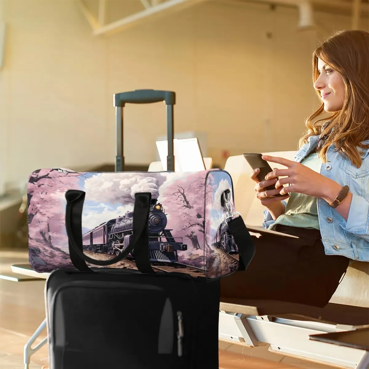 Style Train Travel Duffel Bag for Women Men Waterproof Foldable Overnight Weekender Bag Large Capacity Sports Gym Bag