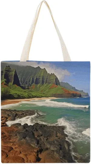 Stylish Shoulder Bag, Seashore Print Reusable Grocery Bag Large Canvas Tote Versatile Handbag All-purpose Tote