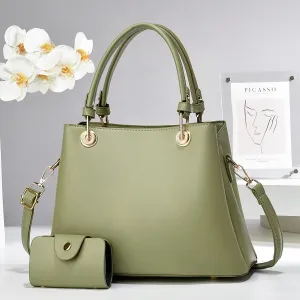 Stylish Solid Color Tote Shoulder Bag Set for Women - Beige Leather Satchel with Top Handle