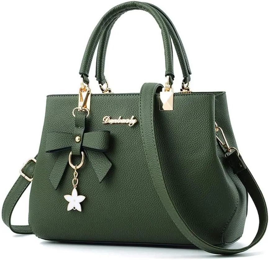 Stylish Women’s PU Leather Top Handle Satchel Handbag with Bow Pendant - Versatile Zipper Tote & Crossbody Bag in Green