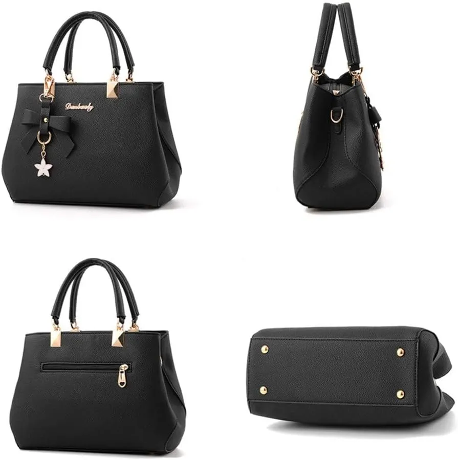 Stylish Women’s PU Leather Top Handle Satchel Handbag with Bow Pendant - Versatile Zipper Tote & Crossbody Bag in Green