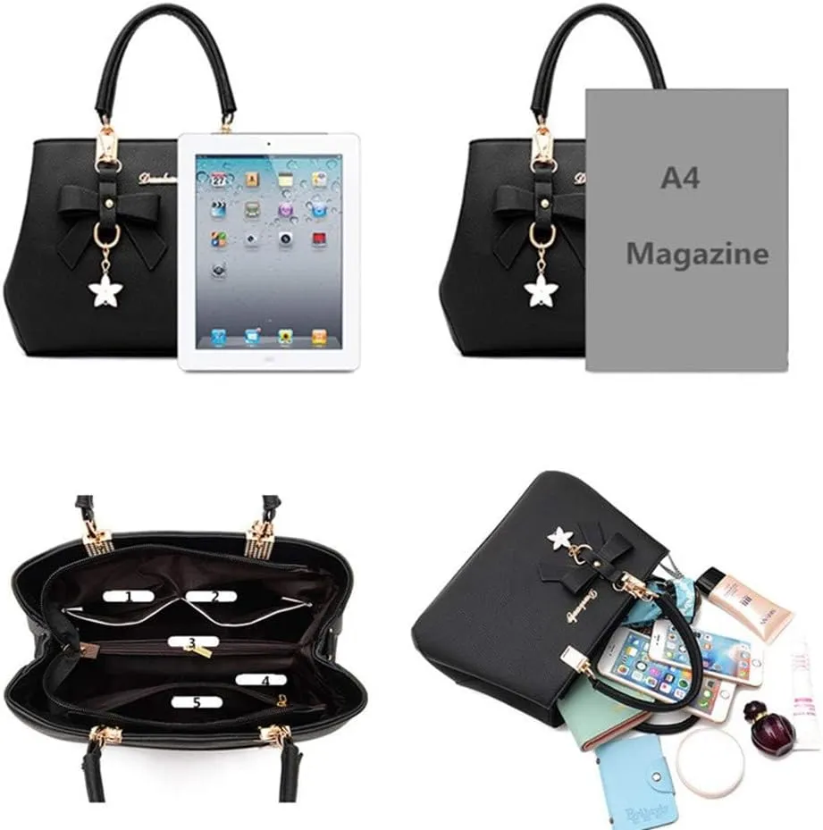 Stylish Women’s PU Leather Top Handle Satchel Handbag with Bow Pendant - Versatile Zipper Tote & Crossbody Bag in Green
