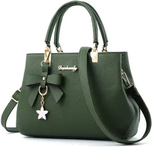Stylish Women’s PU Leather Top Handle Satchel Handbag with Bow Pendant - Versatile Zipper Tote & Crossbody Bag in Green
