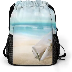 Summer Beach Drift Bottle Drawstring Gym Backpack Sports Travel Daypack Sackpack Pockets String Cinch Bag for Men & Women