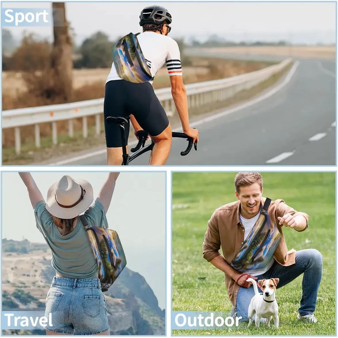 Summer Beach Paint Crossbody Sling Bag for Women Men Crossbody Backpack with 4 Zipper Pockets Fanny Pack Shoulder Casual Daypack for Travel Running Hiking Cycling
