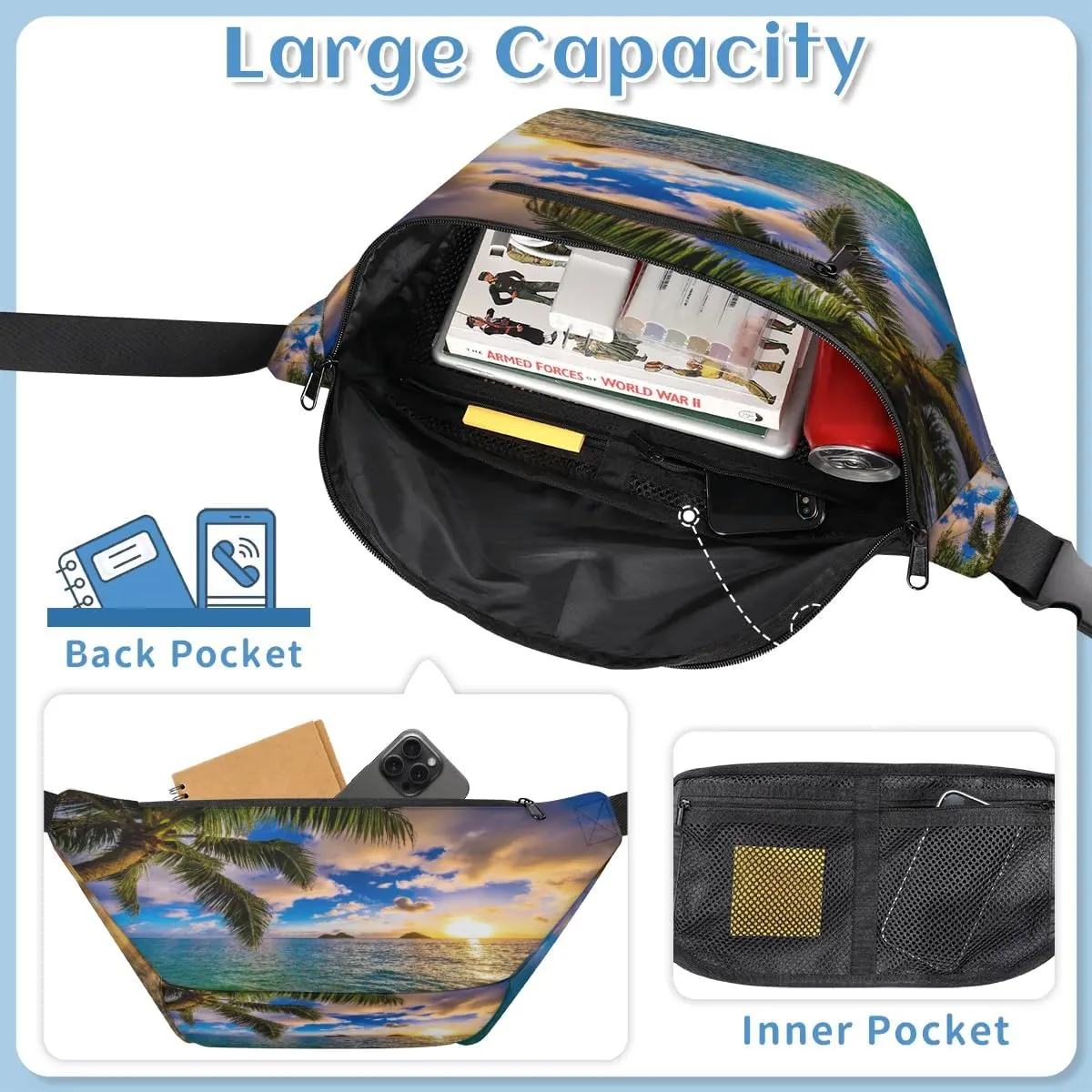 Summer Beach Paint Crossbody Sling Bag for Women Men Crossbody Backpack with 4 Zipper Pockets Fanny Pack Shoulder Casual Daypack for Travel Running Hiking Cycling