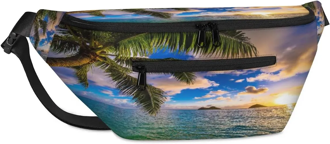 Summer Beach Paint Crossbody Sling Bag for Women Men Crossbody Backpack with 4 Zipper Pockets Fanny Pack Shoulder Casual Daypack for Travel Running Hiking Cycling