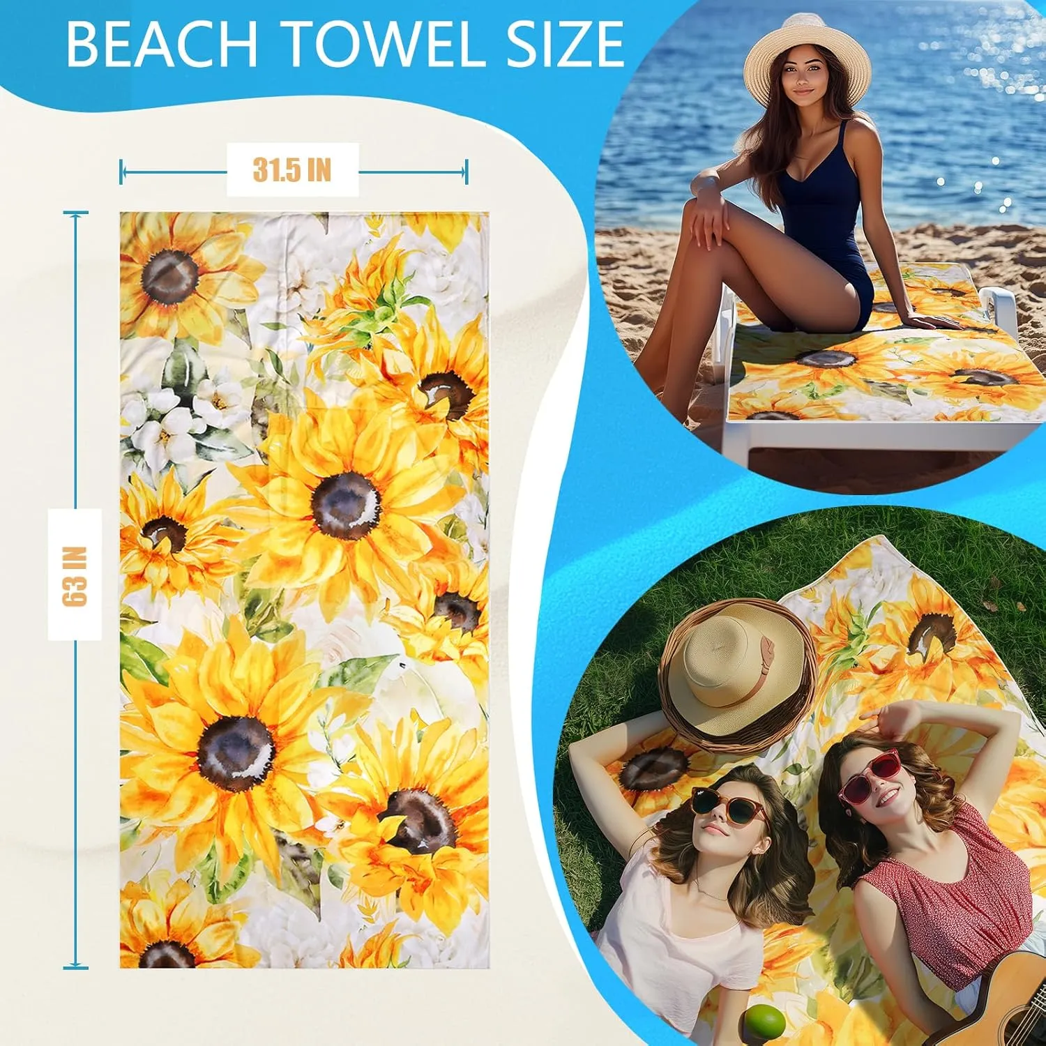 Sunflower Floral Beach Towel Bag - Summer Yellow Flowers 2 in 1 Travel Blanket Backpack for Women Holiday Picnic 63"x31.5"