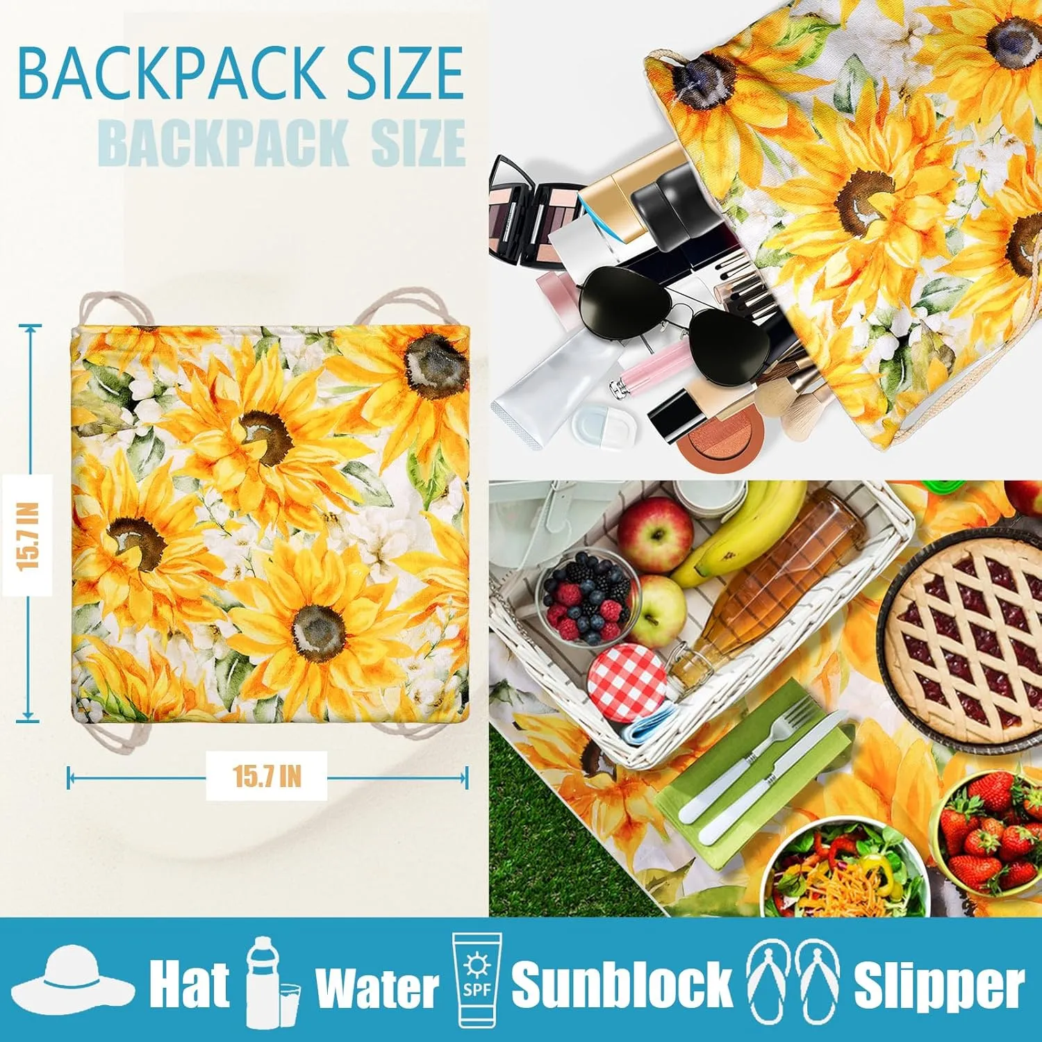 Sunflower Floral Beach Towel Bag - Summer Yellow Flowers 2 in 1 Travel Blanket Backpack for Women Holiday Picnic 63"x31.5"
