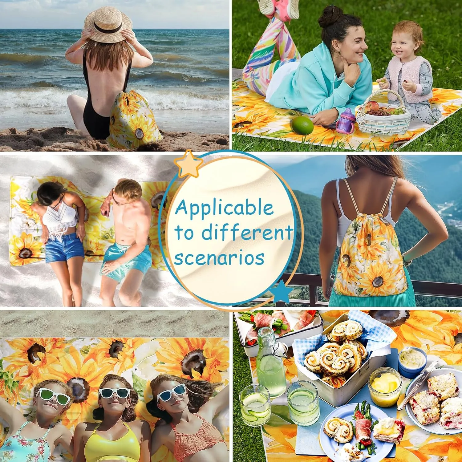Sunflower Floral Beach Towel Bag - Summer Yellow Flowers 2 in 1 Travel Blanket Backpack for Women Holiday Picnic 63"x31.5"