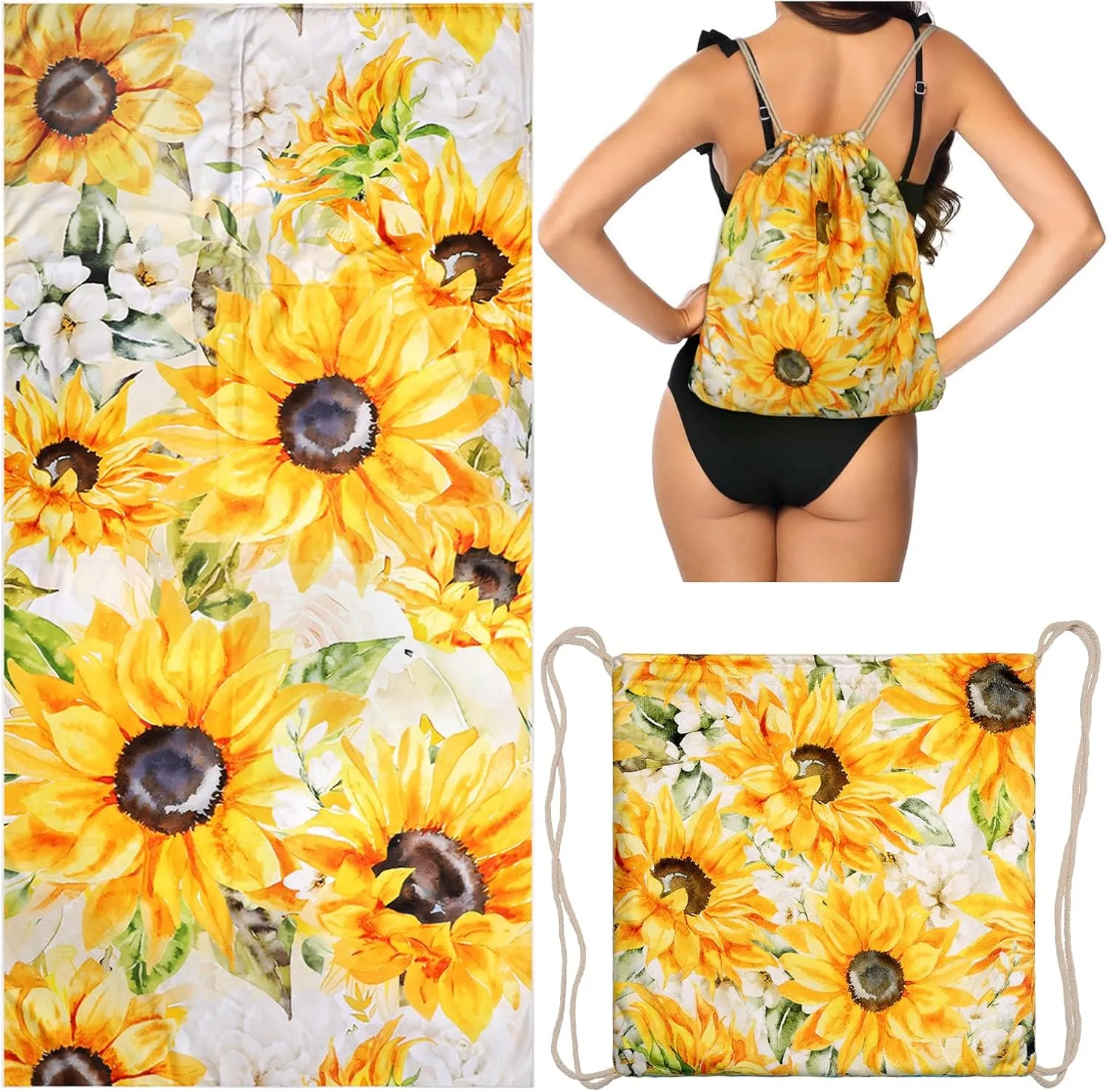 Sunflower Floral Beach Towel Bag - Summer Yellow Flowers 2 in 1 Travel Blanket Backpack for Women Holiday Picnic 63"x31.5"