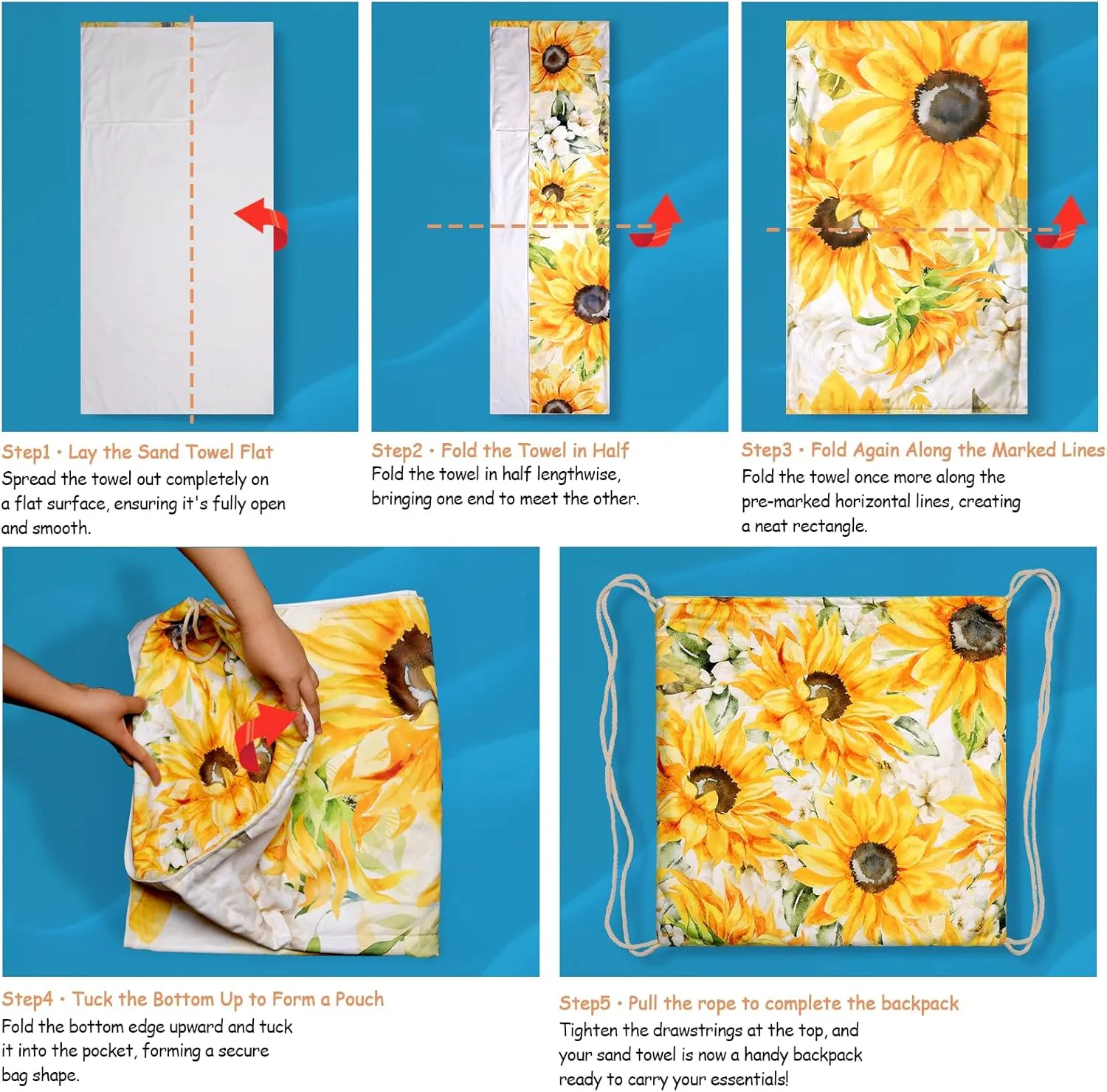 Sunflower Floral Beach Towel Bag - Summer Yellow Flowers 2 in 1 Travel Blanket Backpack for Women Holiday Picnic 63"x31.5"