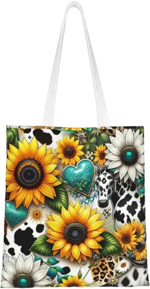 Sunflower Leopard Dairy Cow Print Canvas Tote Bag - Reusable Shoulder Tote Bag For Women Lady Casual Vacation, Shopping, Work, Gym