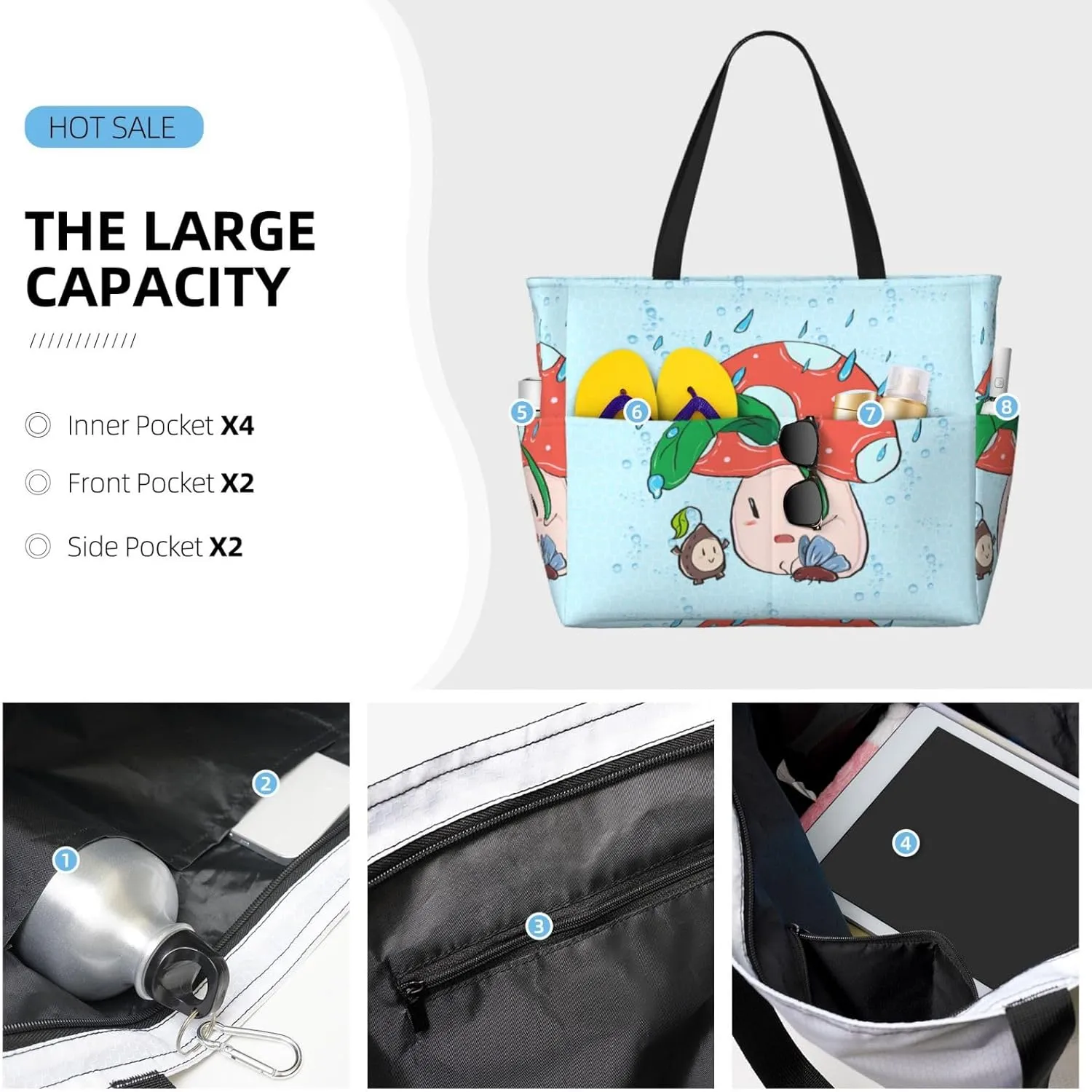 Sunflower Seeds And Mushroom Spacious Large Capacity Beach Travel Bag - Foldable Beach Bag Tote Bag With Zipper