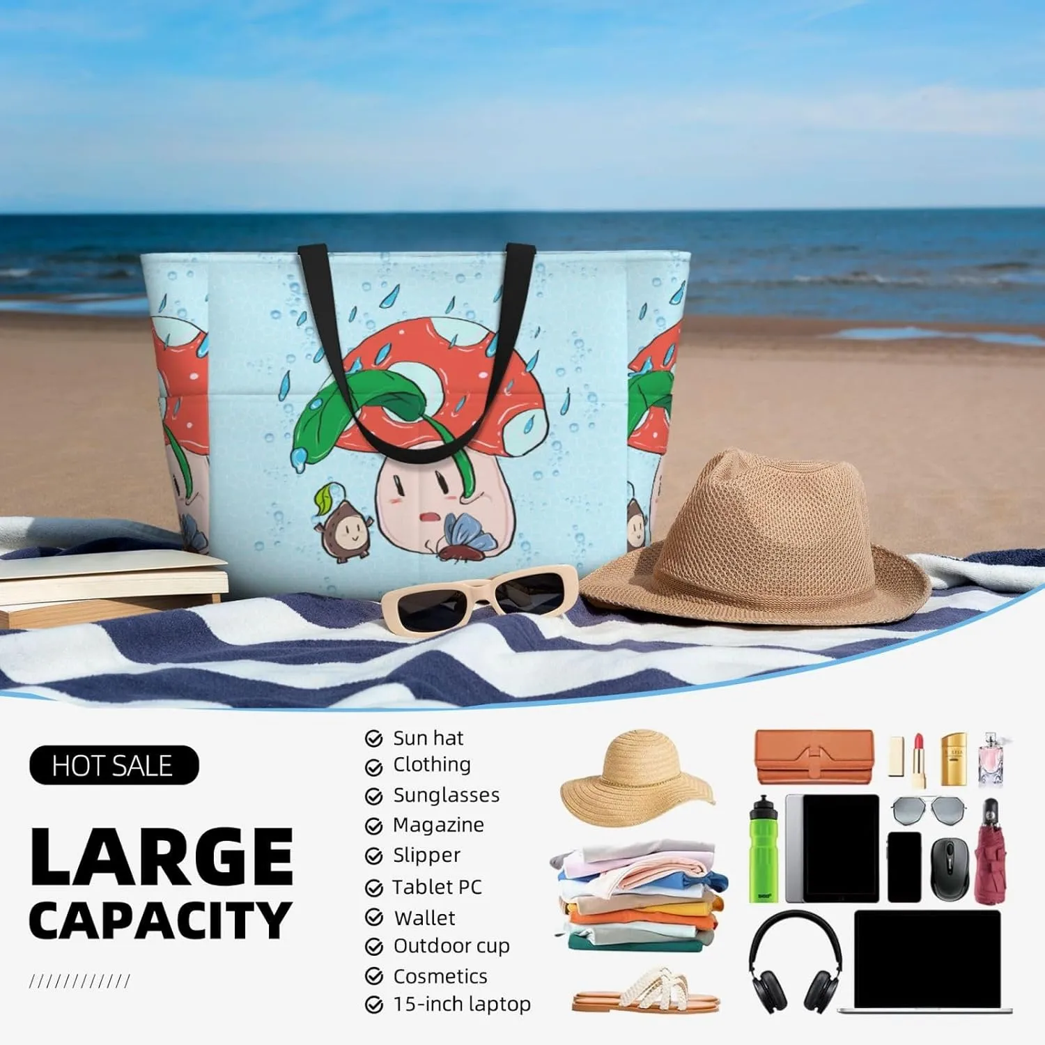 Sunflower Seeds And Mushroom Spacious Large Capacity Beach Travel Bag - Foldable Beach Bag Tote Bag With Zipper
