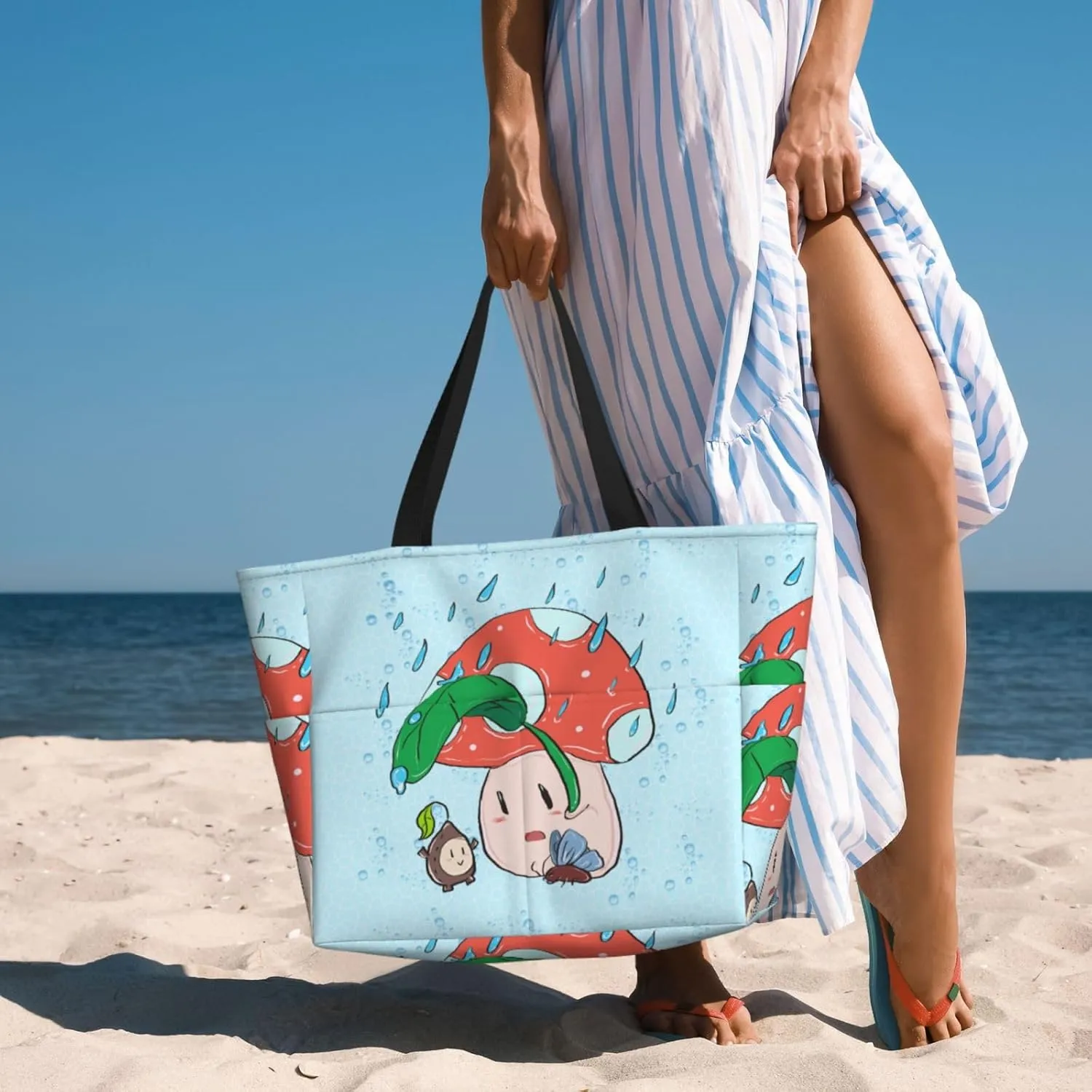 Sunflower Seeds And Mushroom Spacious Large Capacity Beach Travel Bag - Foldable Beach Bag Tote Bag With Zipper