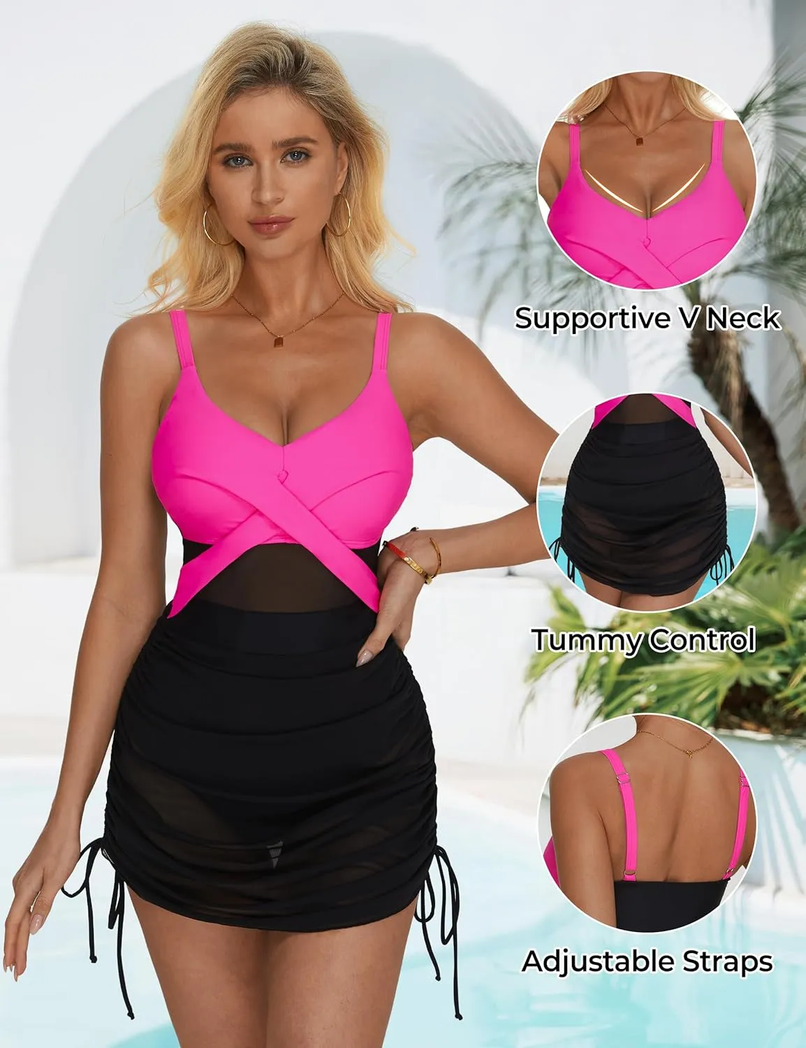 SUUKSESS Women One Piece Swim Dress Tummy Control Swimsuit Mesh Bathing Suit