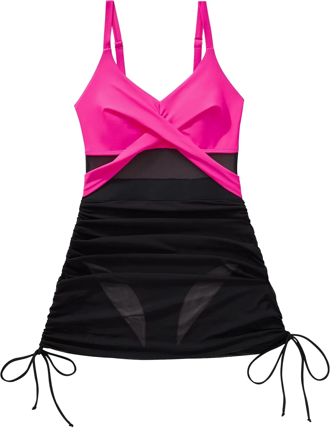SUUKSESS Women One Piece Swim Dress Tummy Control Swimsuit Mesh Bathing Suit