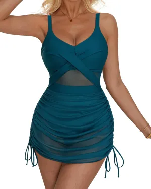 SUUKSESS Women One Piece Swim Dress Tummy Control Swimsuit Mesh Bathing Suit