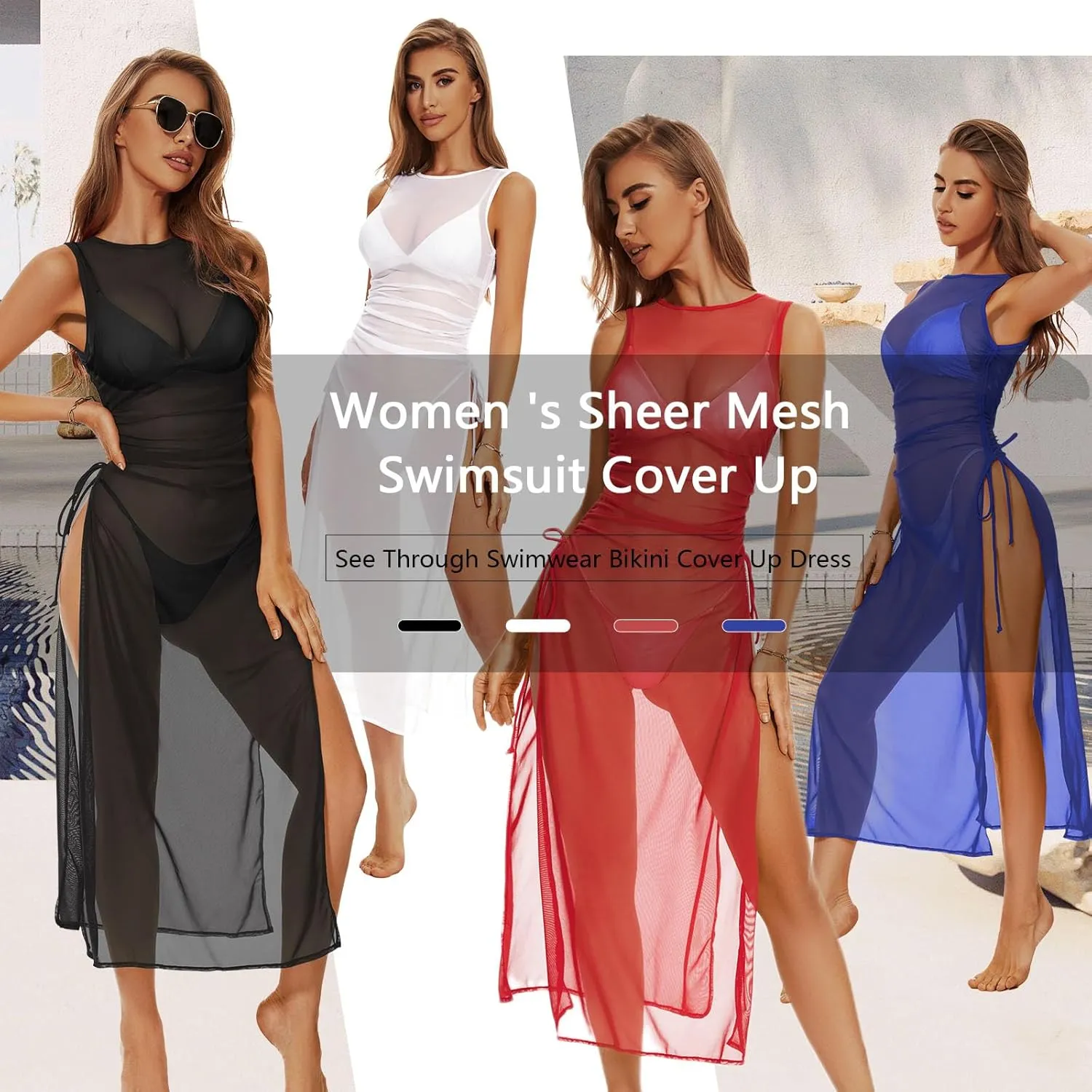 Swimsuit Women Cover Up High Split Drawstring Mesh Dress for Women Swimwear Bikini Cover Up See Through Dress
