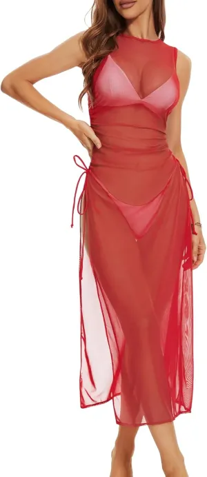 Swimsuit Women Cover Up High Split Drawstring Mesh Dress for Women Swimwear Bikini Cover Up See Through Dress