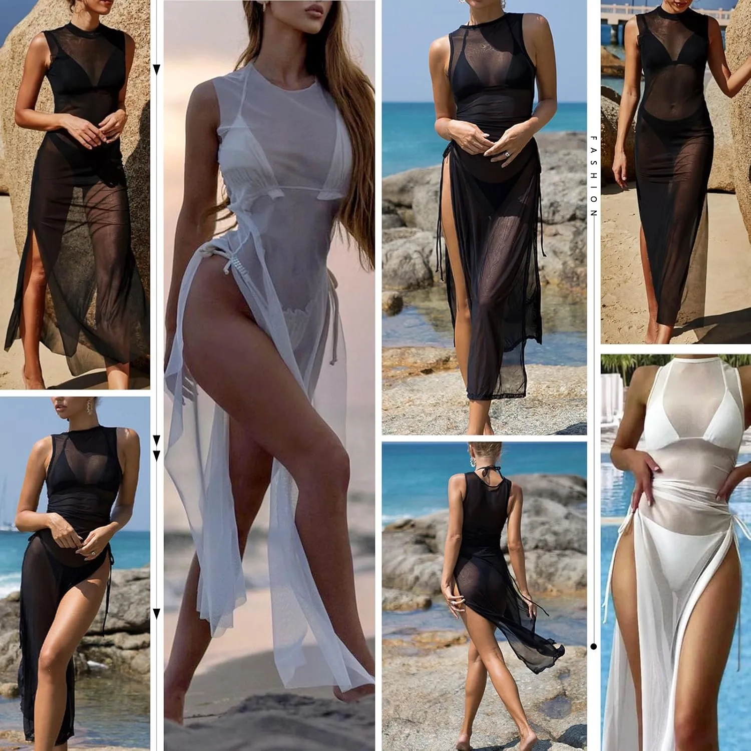 Swimsuit Women Cover Up High Split Drawstring Mesh Dress for Women Swimwear Bikini Cover Up See Through Dress