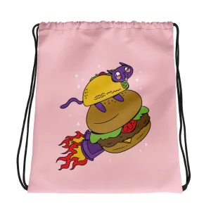 Taco-Hamburger Rocket Cat Drawstring Bag