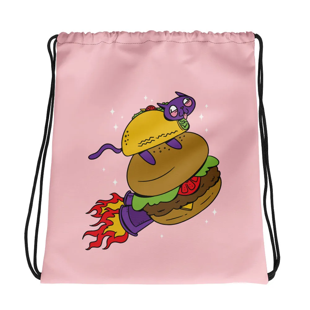 Taco-Hamburger Rocket Cat Drawstring Bag