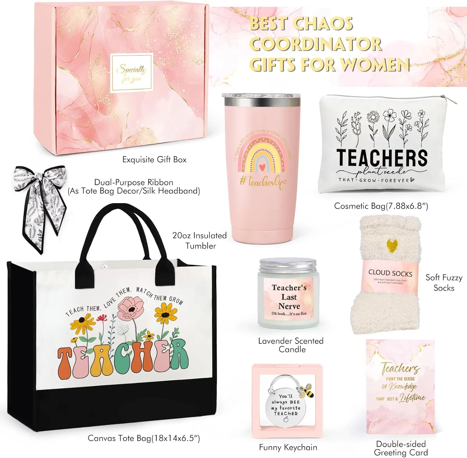 Teacher Appreciation Gifts, Best Teacher Tote Bags for Women, Unique Gifts Ideas from Students - Funny Thank You Basket Box Back to School Gifts, Teacher Christmas Gifts Birthday Gifts Pink