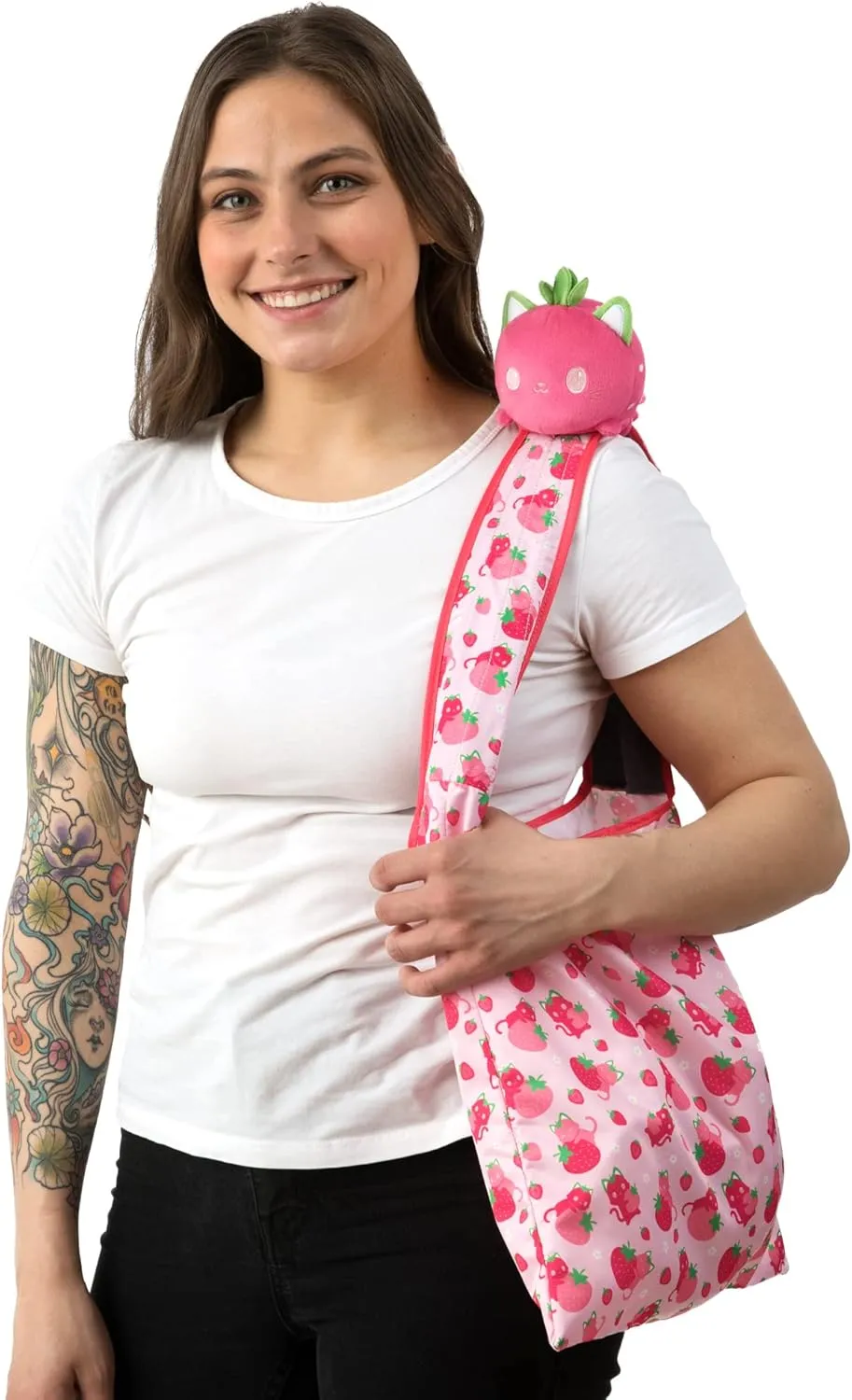 TeeTurtle - Plushie Tote Bag - Strawberry Cats - From the creators of the Original Reversible Octopus Plushie - Take Your Plush Pal Wherever You Go!